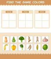 Find the same colors of vegetables. Searching and Matching game. Educational game for pre shool years kids and toddlers vector