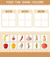 Find the same colors of vegetables. Searching and Matching game. Educational game for pre shool years kids and toddlers vector