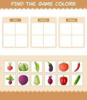 encontrar los mismos colores de las verduras. juego de búsqueda y emparejamiento. juego educativo para niños y niños pequeños en edad preescolar vector