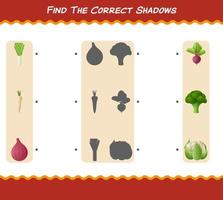 encuentra las sombras correctas de las verduras de dibujos animados. juego de búsqueda y combinación. juego educativo para niños y niños pequeños en edad preescolar vector