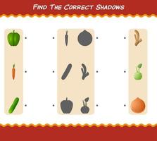 encuentra las sombras correctas de las verduras de dibujos animados. juego de búsqueda y combinación. juego educativo para niños y niños pequeños en edad preescolar vector