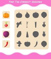 encuentra las sombras correctas de las verduras de dibujos animados. juego de búsqueda y combinación. juego educativo para niños y niños pequeños en edad preescolar vector