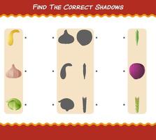 encuentra las sombras correctas de las verduras de dibujos animados. juego de búsqueda y combinación. juego educativo para niños y niños pequeños en edad preescolar vector