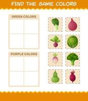 encontrar los mismos colores de las verduras. juego de búsqueda y emparejamiento. juego educativo para niños y niños pequeños en edad preescolar vector