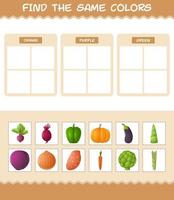 encontrar los mismos colores de las verduras. juego de búsqueda y emparejamiento. juego educativo para niños y niños pequeños en edad preescolar vector