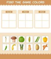 encontrar los mismos colores de las verduras. juego de búsqueda y emparejamiento. juego educativo para niños y niños pequeños en edad preescolar vector