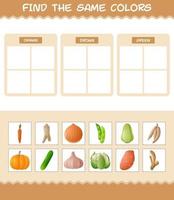 encontrar los mismos colores de las verduras. juego de búsqueda y emparejamiento. juego educativo para niños y niños pequeños en edad preescolar vector