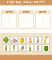 encontrar los mismos colores de las verduras. juego de búsqueda y emparejamiento. juego educativo para niños y niños pequeños en edad preescolar vector