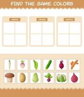 encontrar los mismos colores de las verduras. juego de búsqueda y emparejamiento. juego educativo para niños y niños pequeños en edad preescolar vector