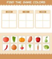 encontrar los mismos colores de las verduras. juego de búsqueda y emparejamiento. juego educativo para niños y niños pequeños en edad preescolar vector