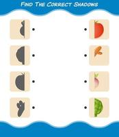 encuentra las sombras correctas de las verduras de dibujos animados. juego de búsqueda y combinación. juego educativo para niños y niños pequeños en edad preescolar vector