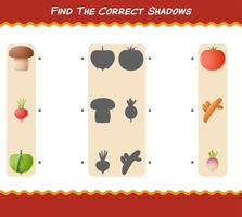 encuentra las sombras correctas de las verduras de dibujos animados. juego de búsqueda y combinación. juego educativo para niños y niños pequeños en edad preescolar vector