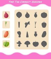 encuentra las sombras correctas de las verduras de dibujos animados. juego de búsqueda y combinación. juego educativo para niños y niños pequeños en edad preescolar vector