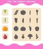 Find the correct shadows of cartoon vegetables. Searching and Matching game. Educational game for pre shool years kids and toddlers vector