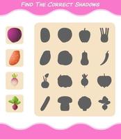 encuentra las sombras correctas de las verduras de dibujos animados. juego de búsqueda y combinación. juego educativo para niños y niños pequeños en edad preescolar vector