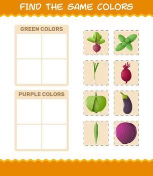 Find the same colors of vegetables. Searching and Matching game. Educational game for pre shool years kids and toddlers vector