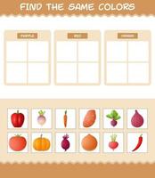 encontrar los mismos colores de las verduras. juego de búsqueda y emparejamiento. juego educativo para niños y niños pequeños en edad preescolar vector