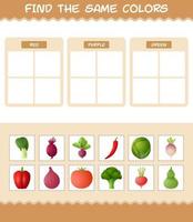 Find the same colors of vegetables. Searching and Matching game. Educational game for pre shool years kids and toddlers vector