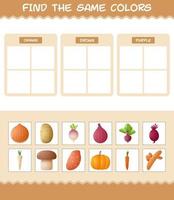 encontrar los mismos colores de las verduras. juego de búsqueda y emparejamiento. juego educativo para niños y niños pequeños en edad preescolar vector