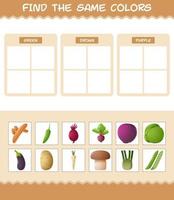 encontrar los mismos colores de las verduras. juego de búsqueda y emparejamiento. juego educativo para niños y niños pequeños en edad preescolar vector