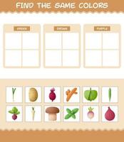 encontrar los mismos colores de las verduras. juego de búsqueda y emparejamiento. juego educativo para niños y niños pequeños en edad preescolar vector