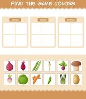 encontrar los mismos colores de las verduras. juego de búsqueda y emparejamiento. juego educativo para niños y niños pequeños en edad preescolar vector