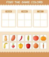 encontrar los mismos colores de las verduras. juego de búsqueda y emparejamiento. juego educativo para niños y niños pequeños en edad preescolar vector