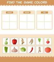 Find the same colors of vegetables. Searching and Matching game. Educational game for pre shool years kids and toddlers vector