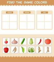 encontrar los mismos colores de las verduras. juego de búsqueda y emparejamiento. juego educativo para niños y niños pequeños en edad preescolar vector