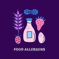 Group of doodle colorful food allergens including wheat, raspberry, peanut, milk in bottle, strawberry, egg isolated on dark background. vector