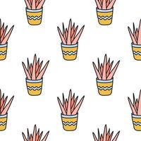 Simple seamless pattern with doodle colored plants in pots. vector