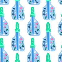 White seamless pattern with colorful doodle medical herbal or cosmetic pipette bottles and Scandinavian floral ornament. vector