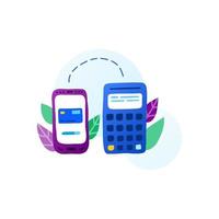 Flat doodle terminal, smartphone with bank card on screen and leaves in purple, blue, green colors isolated on white background. Money transactions and payments concept. vector