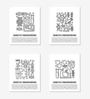 Cards with doodle outline genetic engineering icons including dna, microscope, syringe, blank clipboard, molecule, plant in test tube, puzzle, book, tablet and text. vector