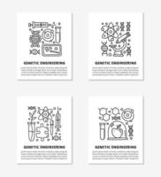 Cards with doodle outline genetic engineering icons including dna, microscope, syringe, blank clipboard, molecule, plant in test tube, puzzle, book, tablet and text. vector