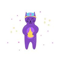 lindo personaje de gato doctor violeta garabato con enema aislado sobre fondo blanco. vector