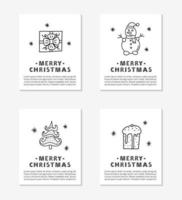 Cards with text and cute outline doodle Christmas and New Year icons including snowman, fir tree, present, panettone isolated on grey background. vector