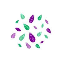 Group of simple doodle leaves in green and purple colors isolated on white background. vector