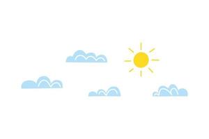 Cute doodle colorful sun and clouds isolated on white background. vector