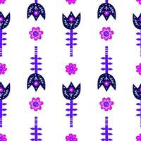 White seamless pattern with doodle violet flowers in Scandinavian folk art style. vector