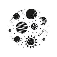 planetas de garabatos, estrellas, luna, íconos solares compuestos en forma de círculo. vector