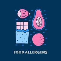 Group of doodle colorful food allergens icons including chocolate, hazelnut, papaya, orange fruit isolated on dark background. vector