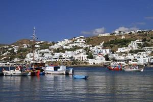 21 September 2015 - Mykonos, Greece - Boats in the quiet waters of Mykonos harbor, Greece. photo