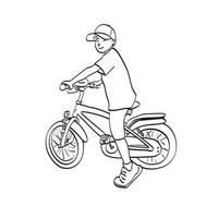 line art smiling boy with cap riding a bicycle illustration vector hand drawn isolated on white background