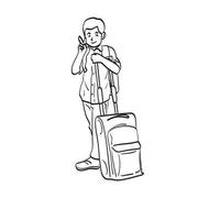 smiling boy with his travel luggage showing victory sign hand illustration vector hand drawn isolated on white background line art.