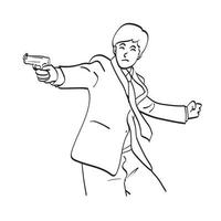 hombre de negocios de arte de línea con pistola en mano ilustración vector dibujado a mano aislado sobre fondo blanco