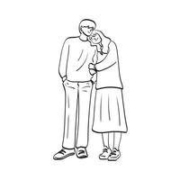 línea arte sonriente novio y novia pareja amante de pie del brazo ilustración vector dibujado a mano aislado sobre fondo blanco
