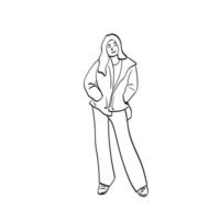 line art full length of standing woman in warm winter clothes posing illustration vector hand drawn isolated on white background