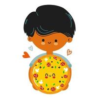 un joven gracioso y lindo sostiene pizza en la mano. niño abraza linda pizza. diseño de icono de ilustración de personaje de dibujos animados de estilo de fideos dibujado a mano vectorial. aislado sobre fondo blanco vector