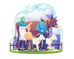 A Muslim family celebrates Eid al Adha with a cow and some goats as sacrificial animals. Vector illustration in flat style